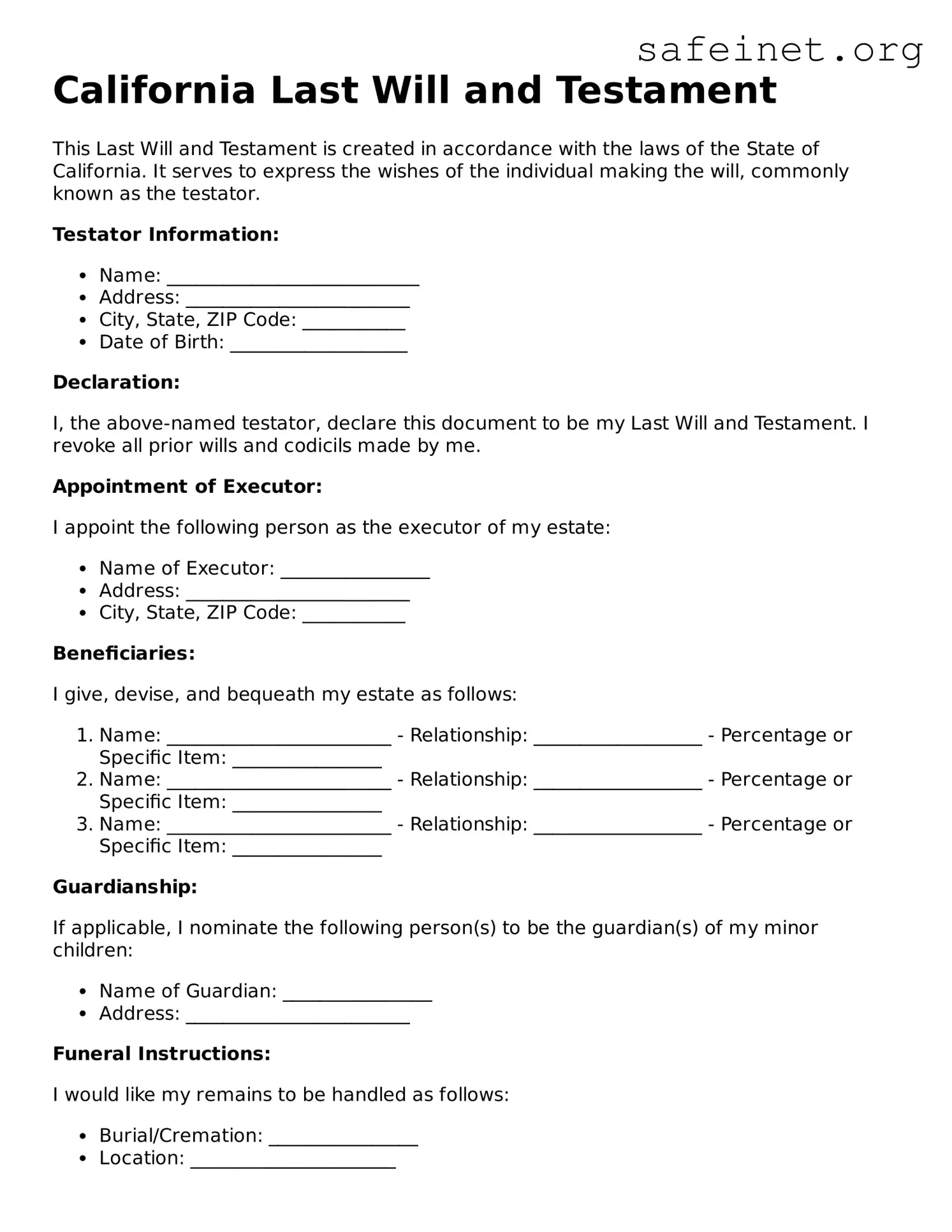 Valid Last Will and Testament Template for the State of California