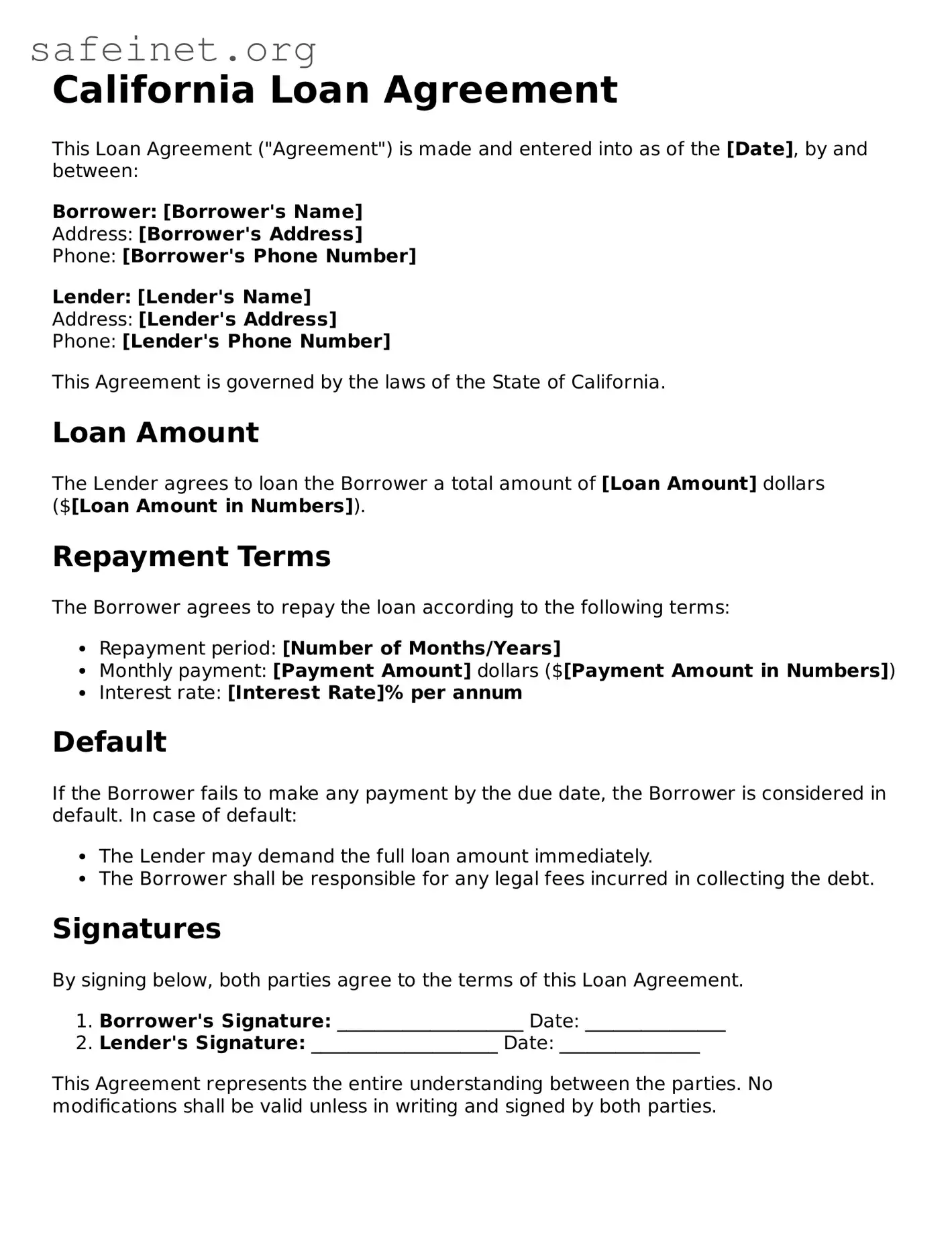 Valid Loan Agreement Template for the State of California