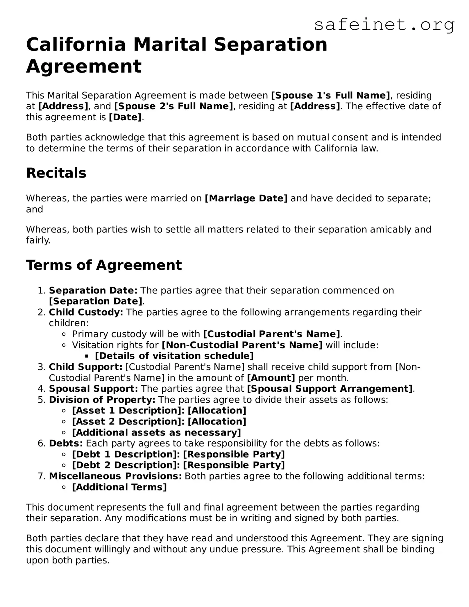 Valid Marital Separation Agreement Template for the State of California
