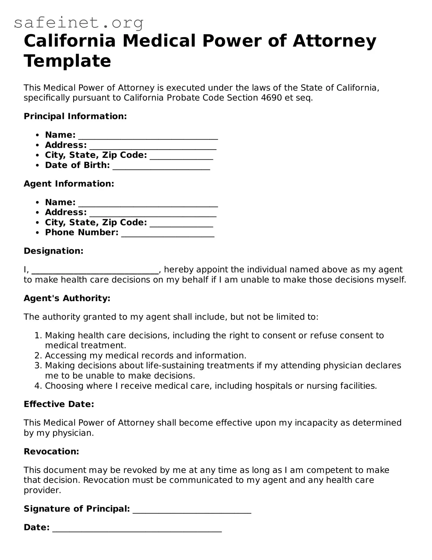 Valid Medical Power of Attorney Template for the State of California