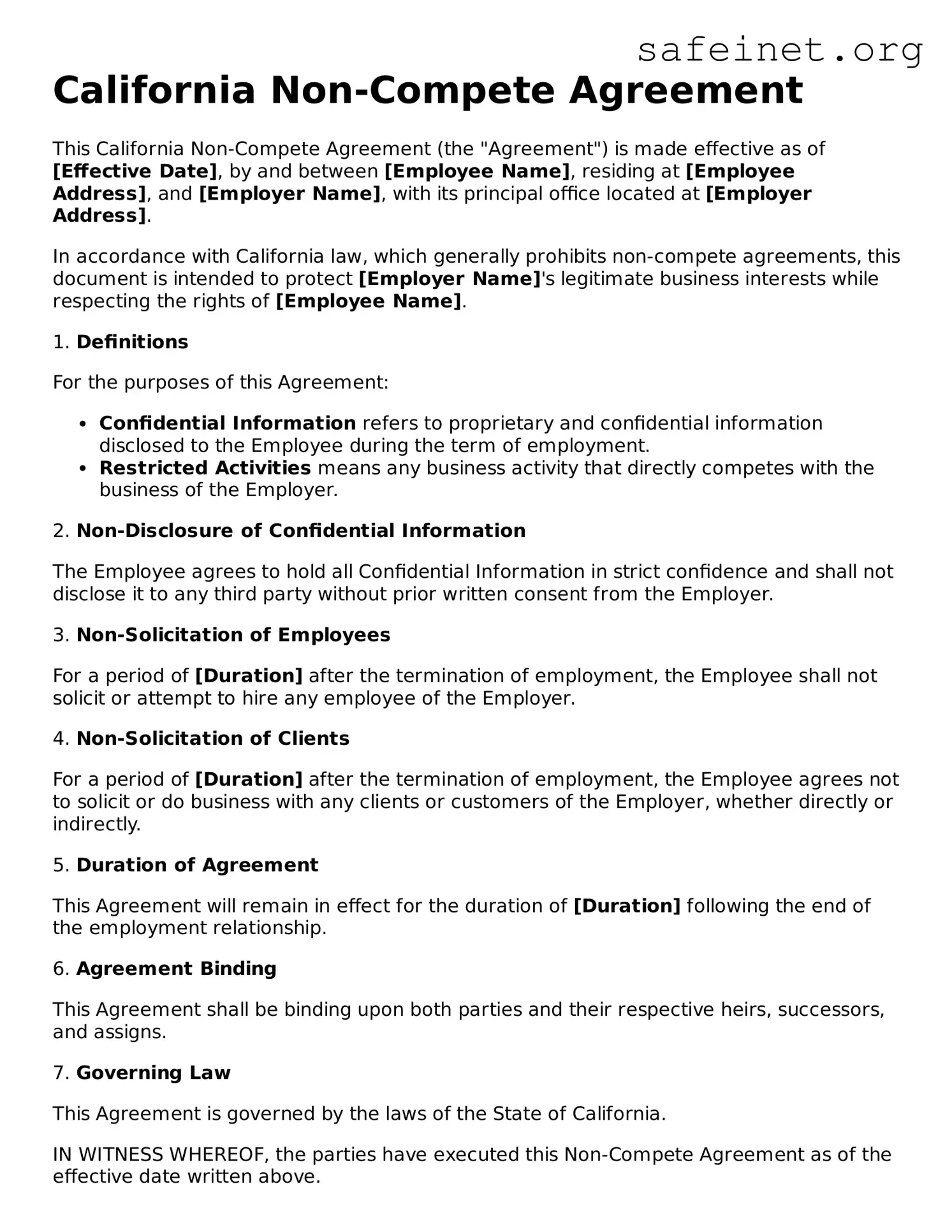 Valid Non-compete Agreement Template for the State of California
