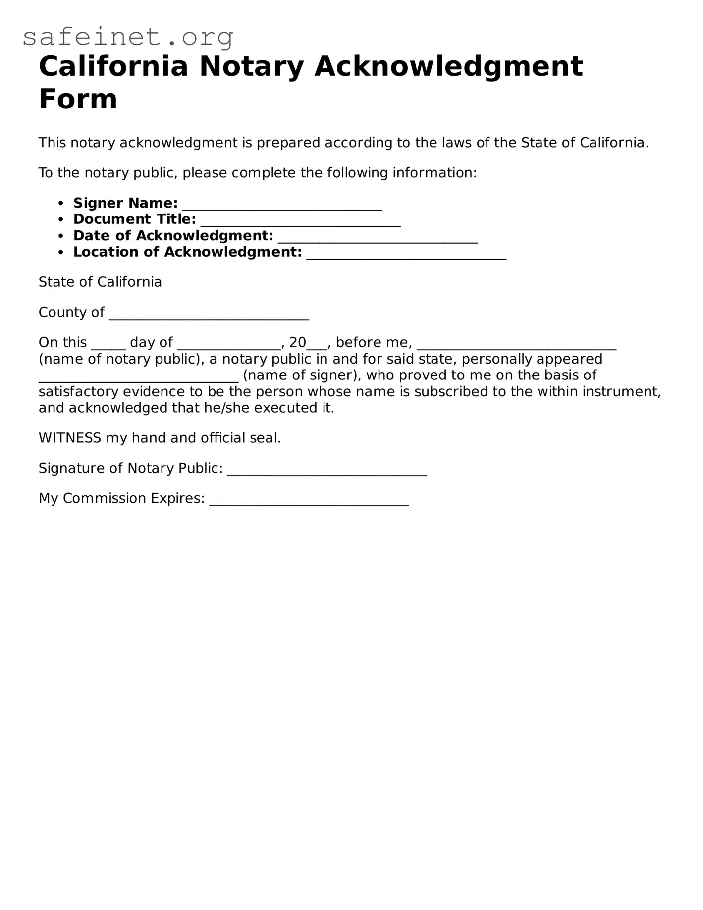 Valid Notary Acknowledgement Template for the State of California