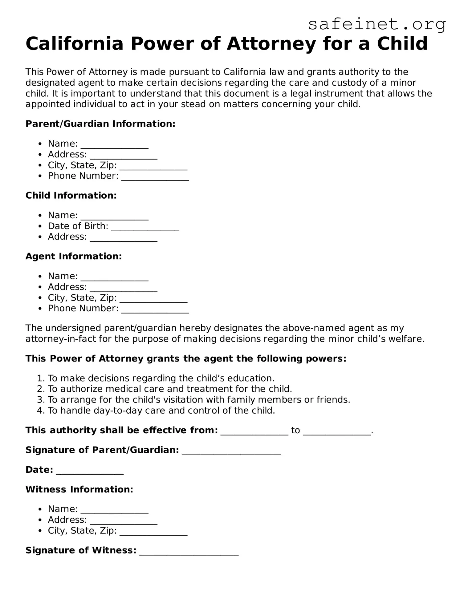 Valid Power of Attorney for a Child Template for the State of California