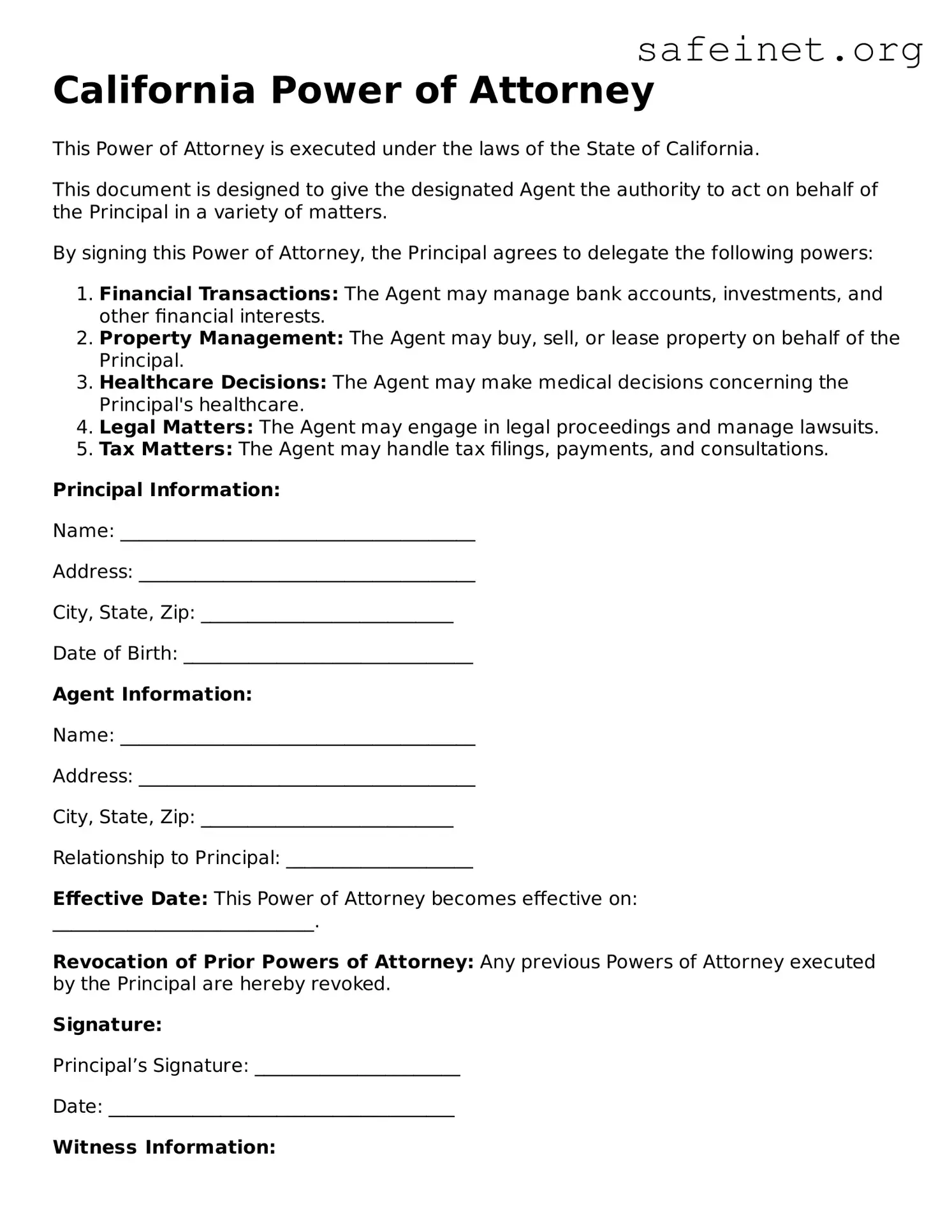 Valid Power of Attorney Template for the State of California