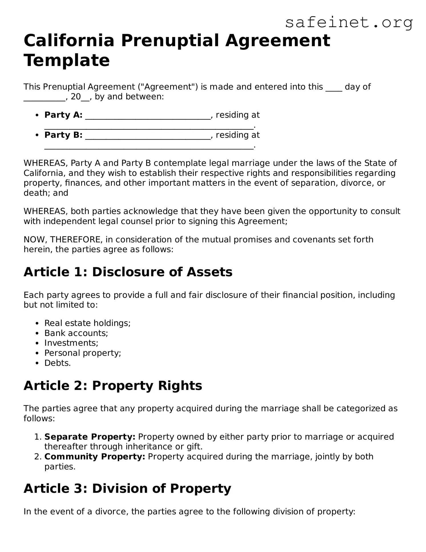 Valid Prenuptial Agreement Template for the State of California