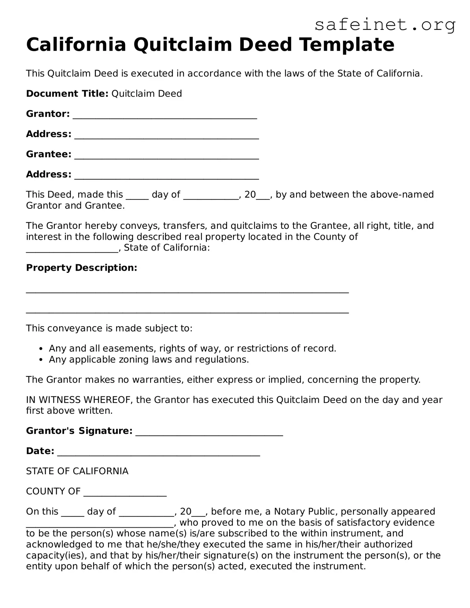 Valid Quitclaim Deed Template for the State of California