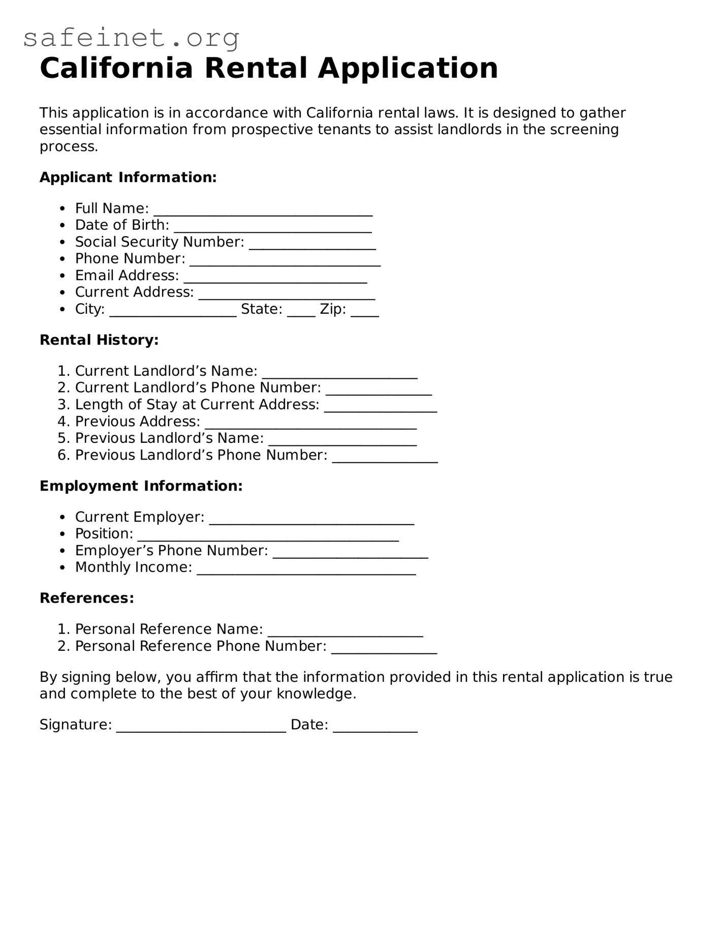 Valid Rental Application Template for the State of California