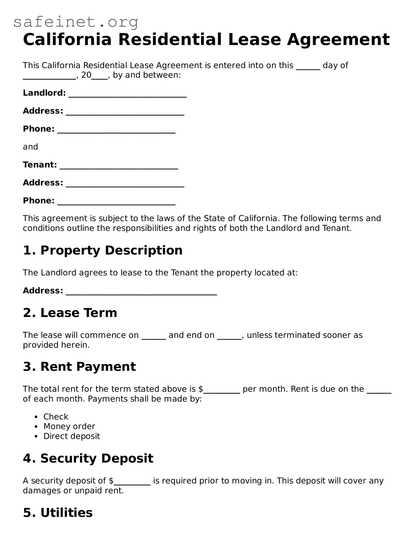 Valid Residential Lease Agreement Template for the State of California