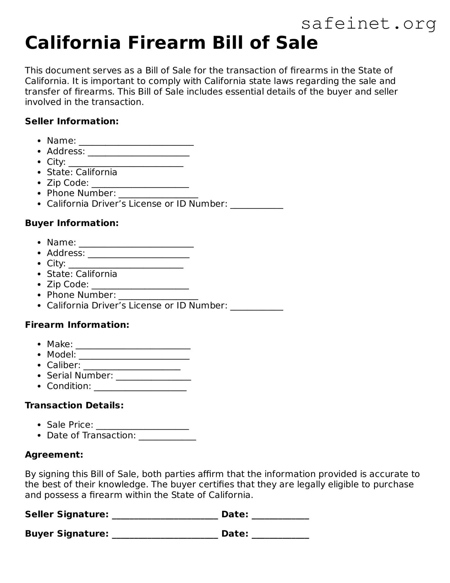 Valid Firearm Bill of Sale Template for the State of California