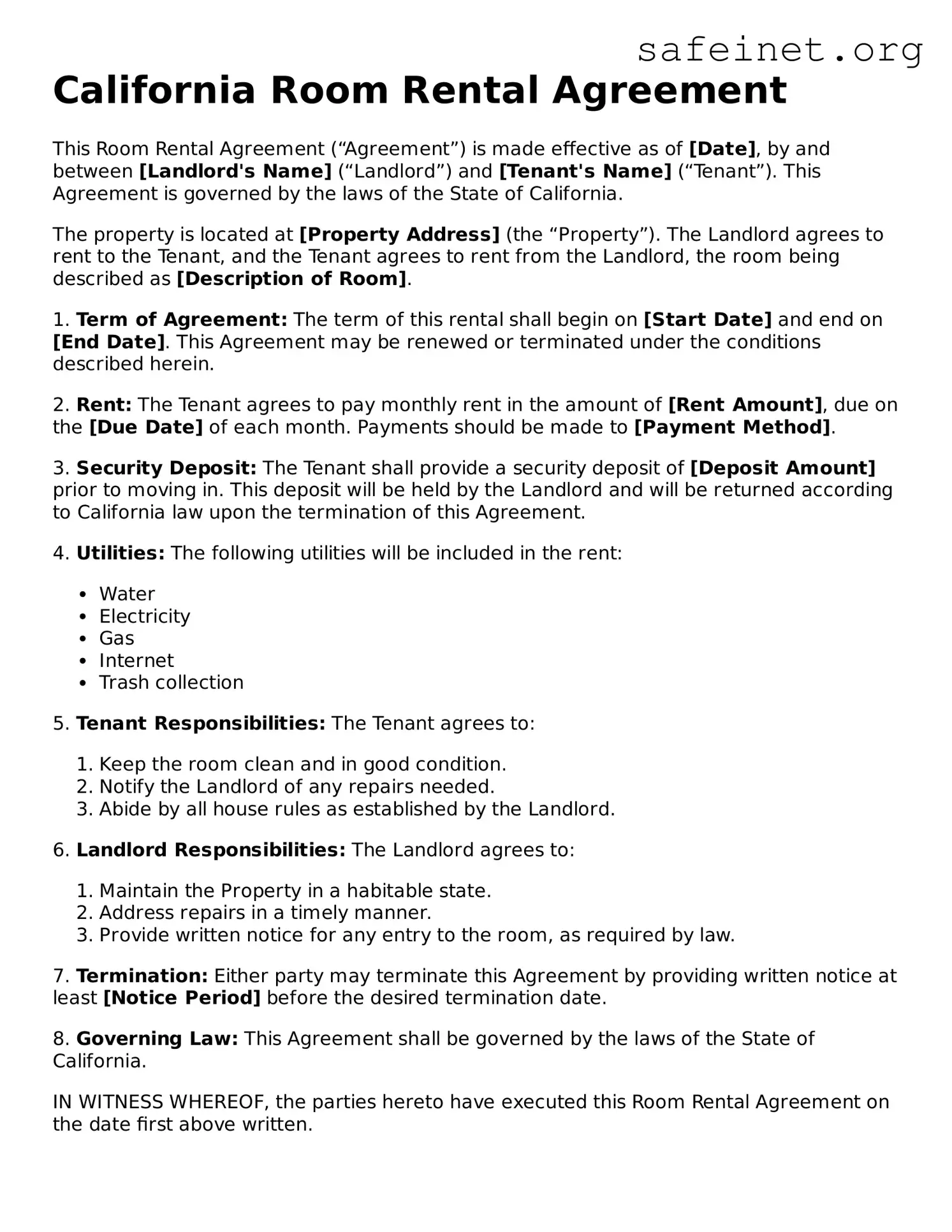 Valid Room Rental Agreement Template for the State of California