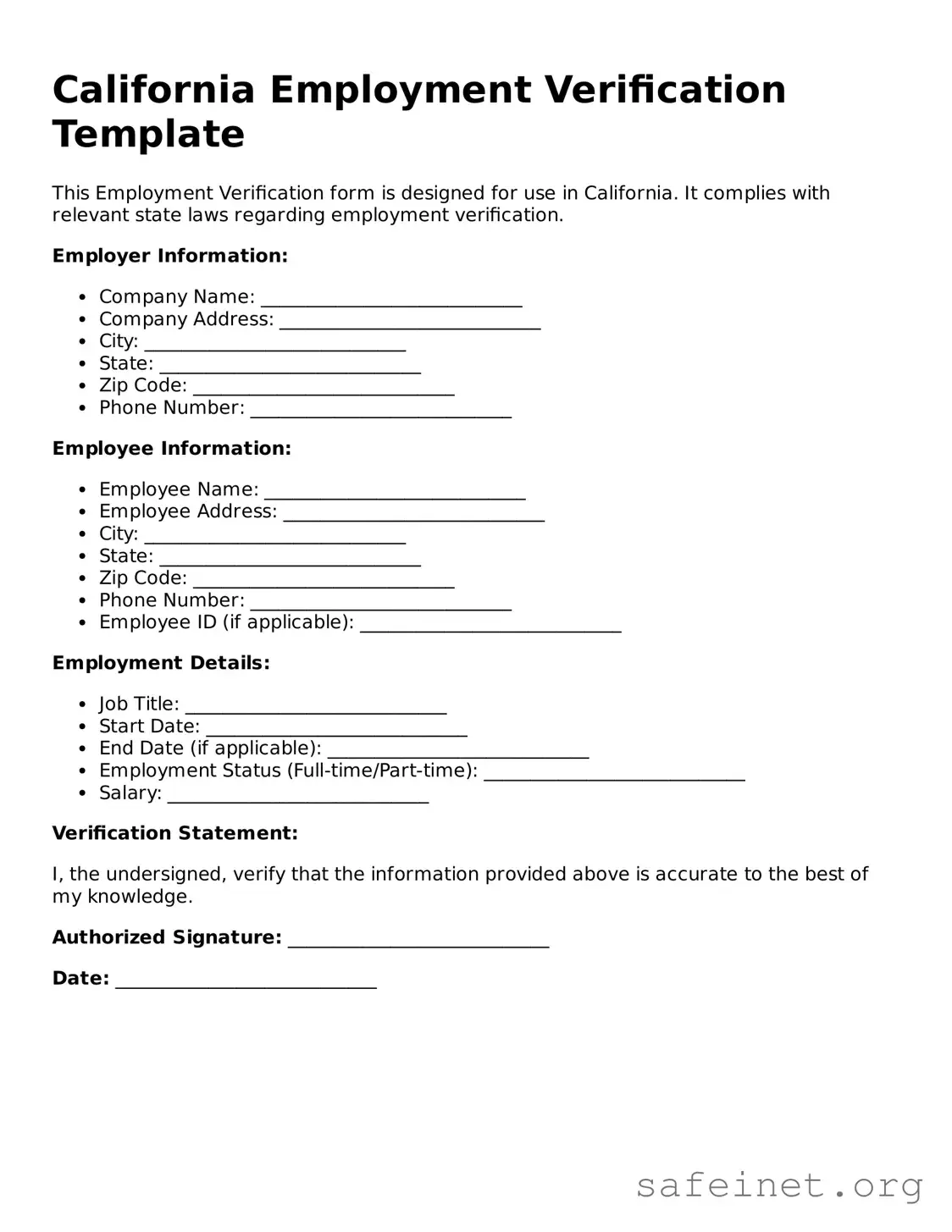 Valid Employment Verification Template for the State of California