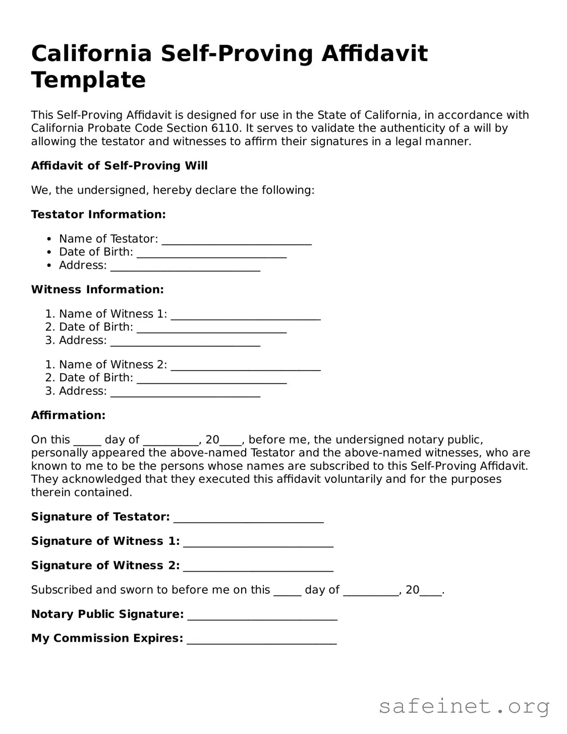 Valid Self-Proving Affidavit Template for the State of California