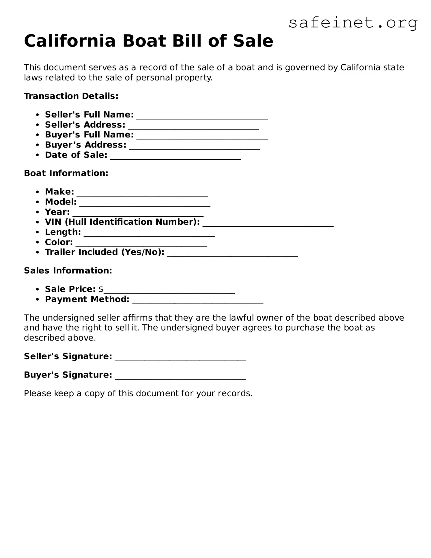 Valid Boat Bill of Sale Template for the State of California