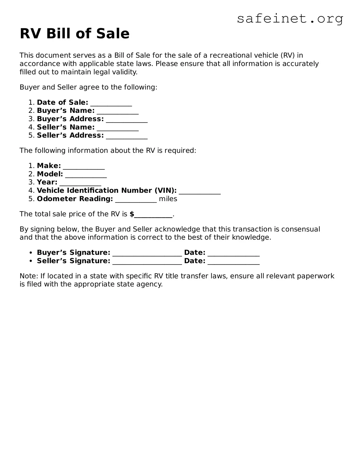 Official RV Bill of Sale Document
