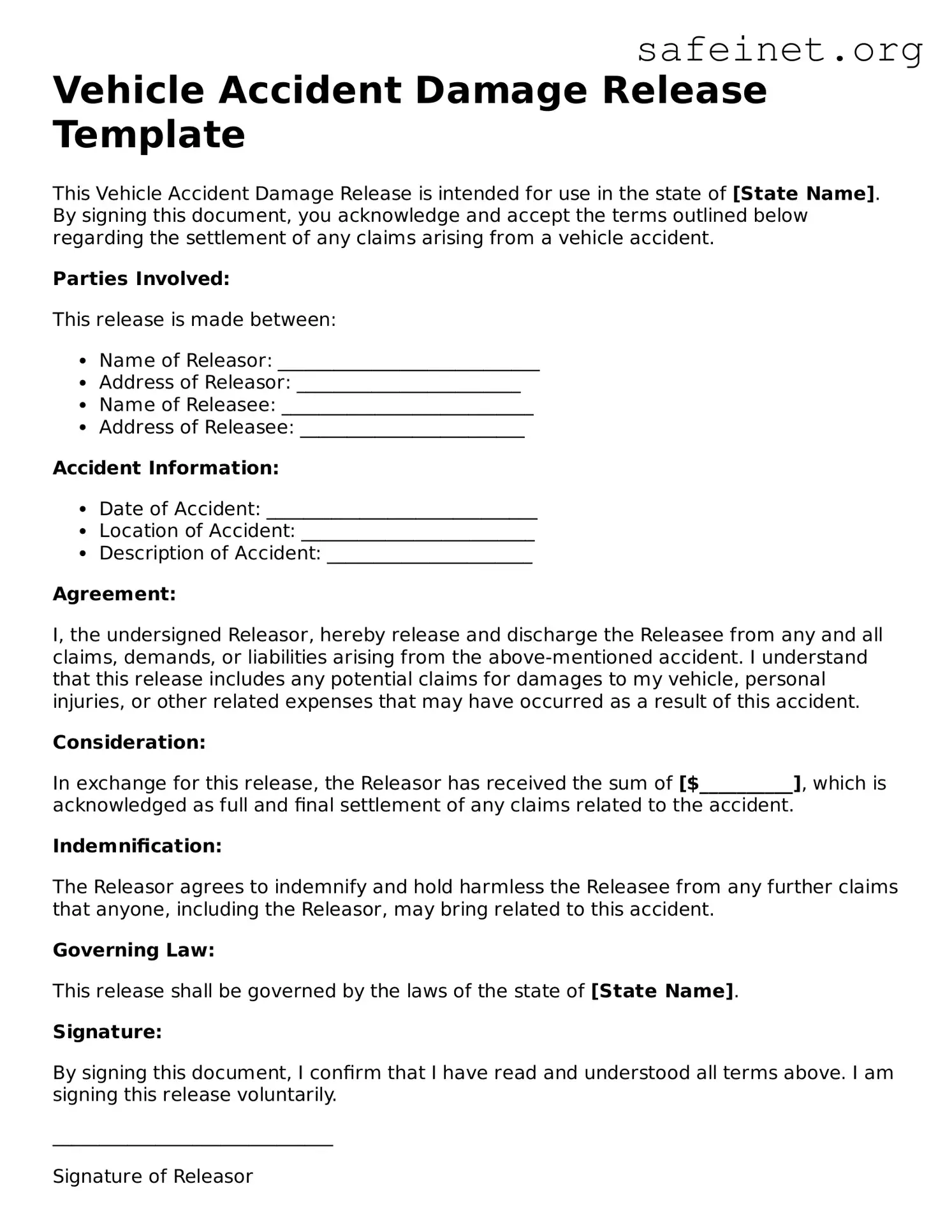 Official Vehicle Accident Damage Release Document