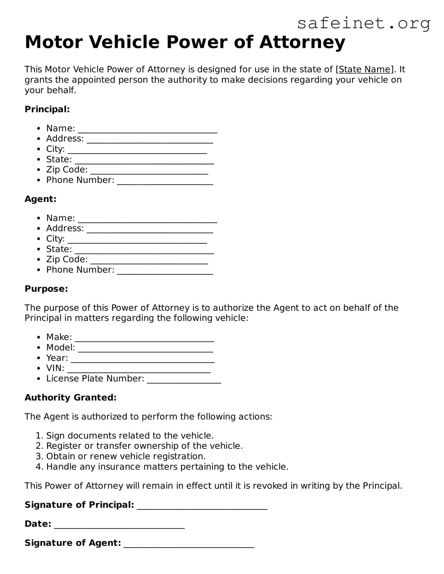 Official Motor Vehicle Power of Attorney Document