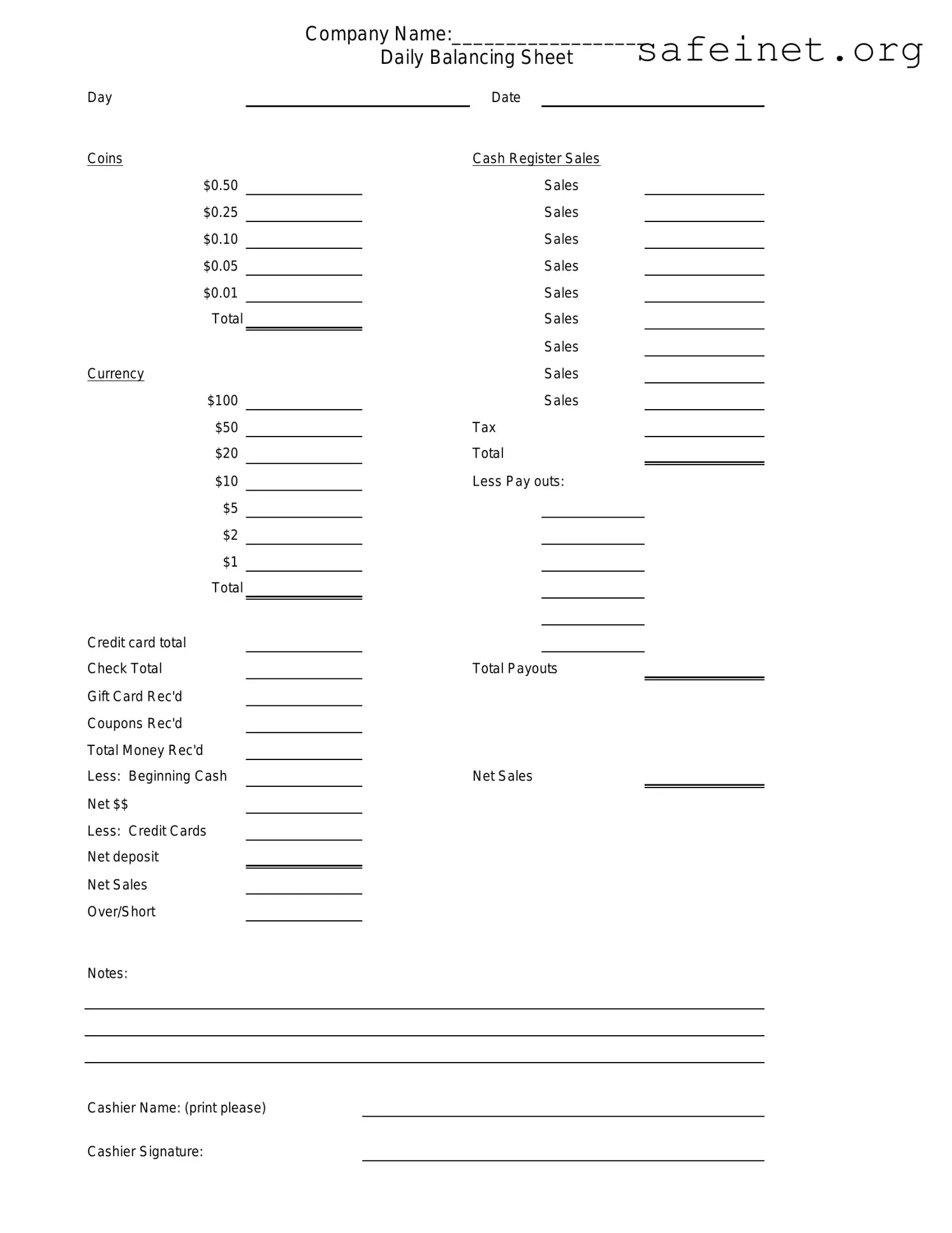 Blank Cash Drawer Count Sheet Template