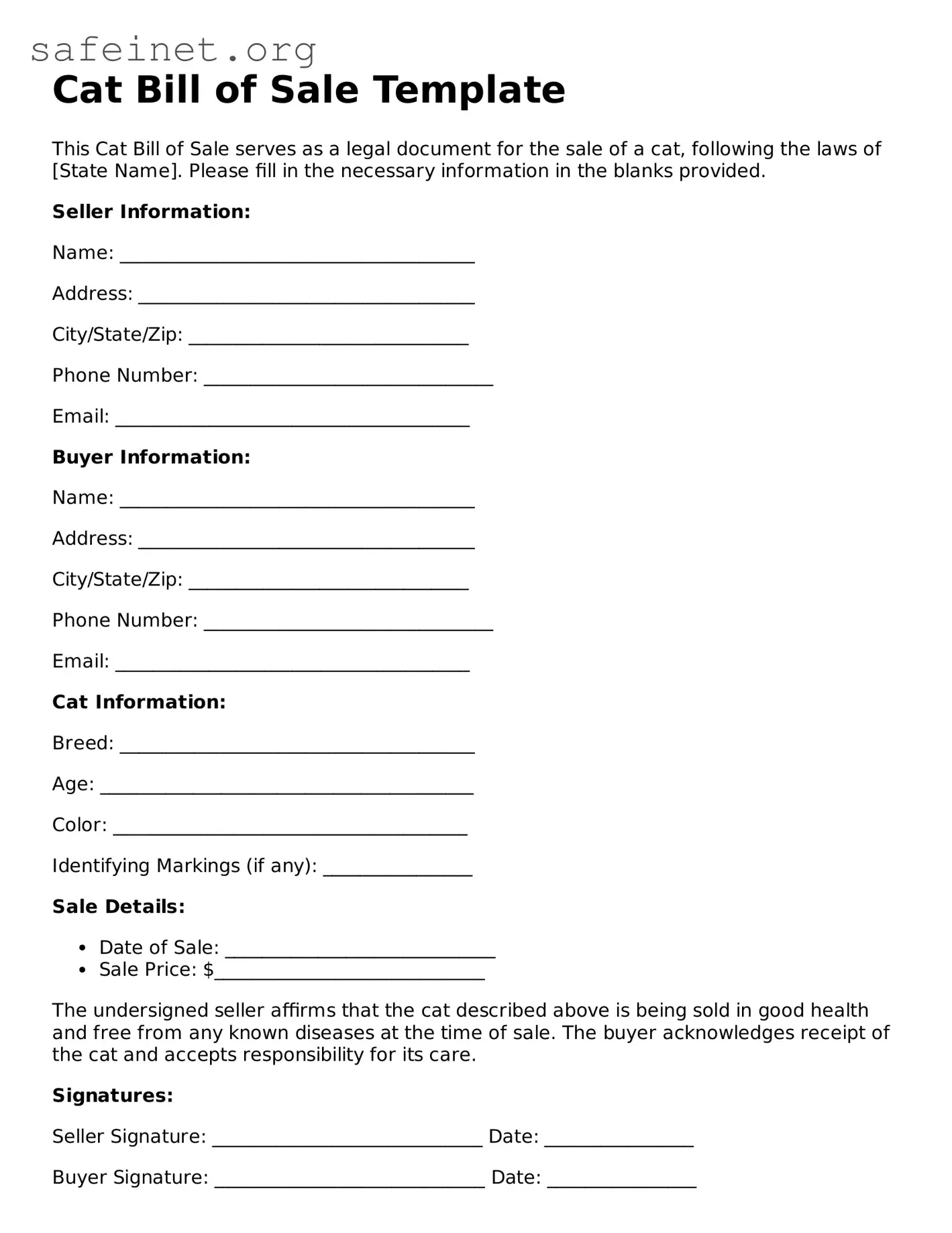 Official Cat Bill of Sale Document