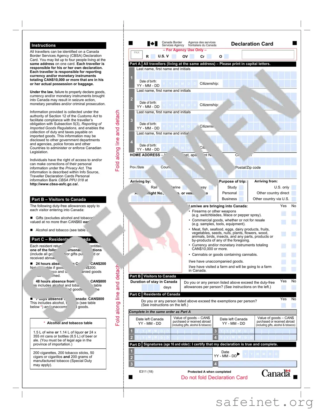 Blank Declaration Canada E311 Template