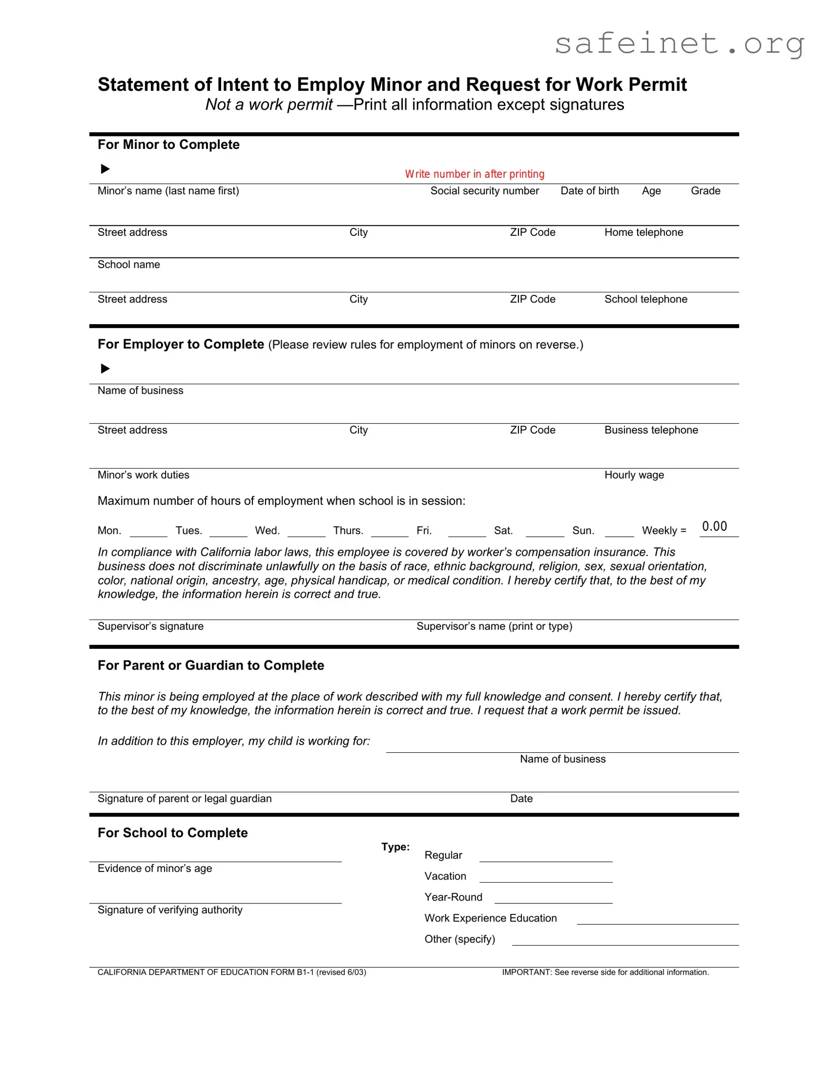 Blank Statement of Intent to Employ Minor and Request for Work Permit Template