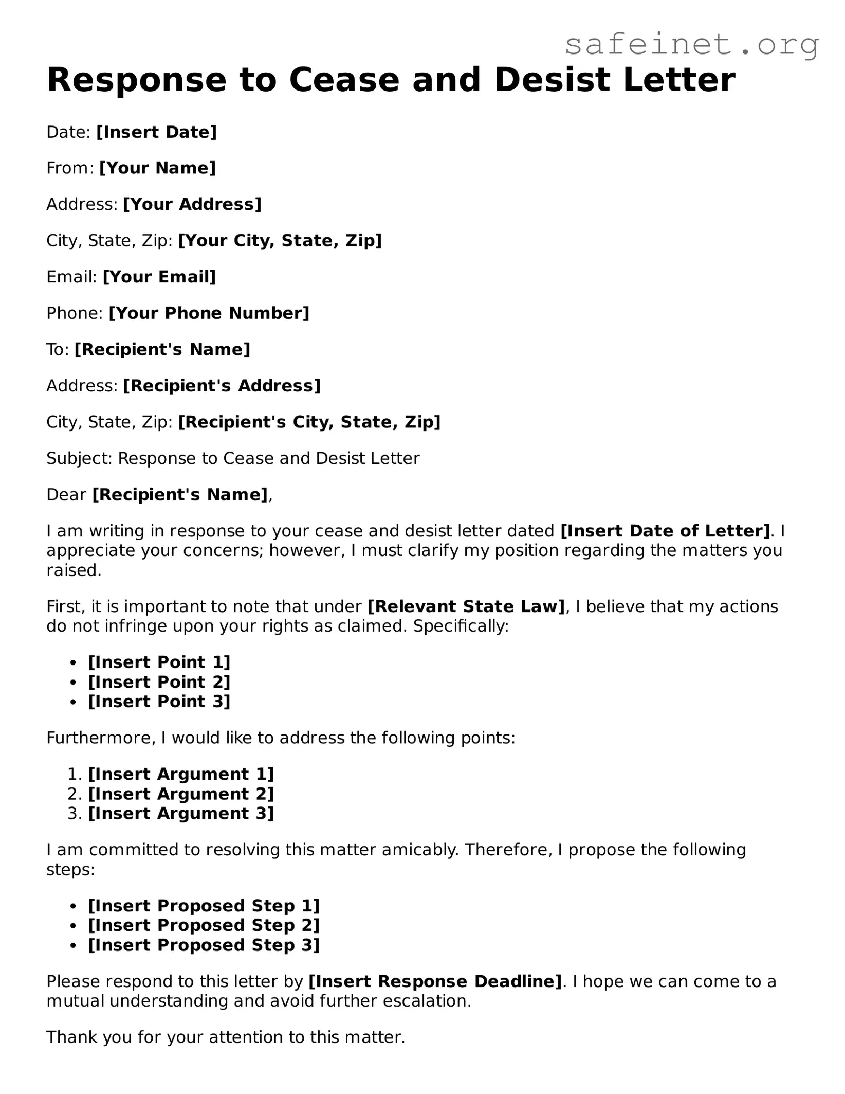 Official Response to a Cease and Desist Letter Document