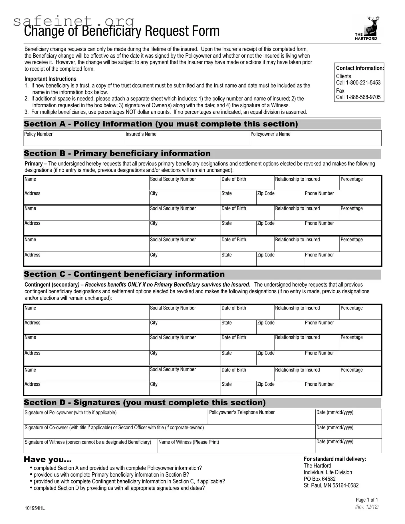 Blank Change Of Beneficiary Request Template