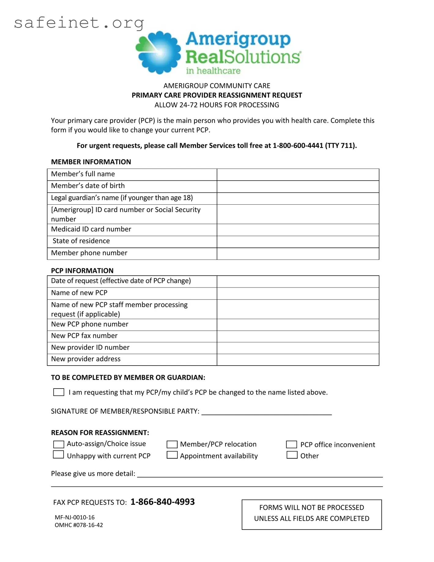 Blank Change Pcp Amerigroup Template