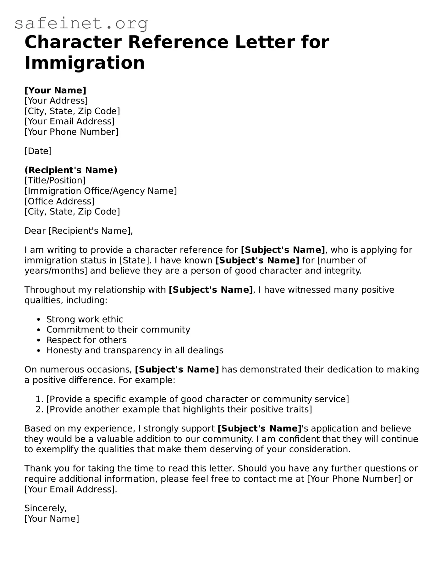 Official Character Reference Letter for Immigration Document