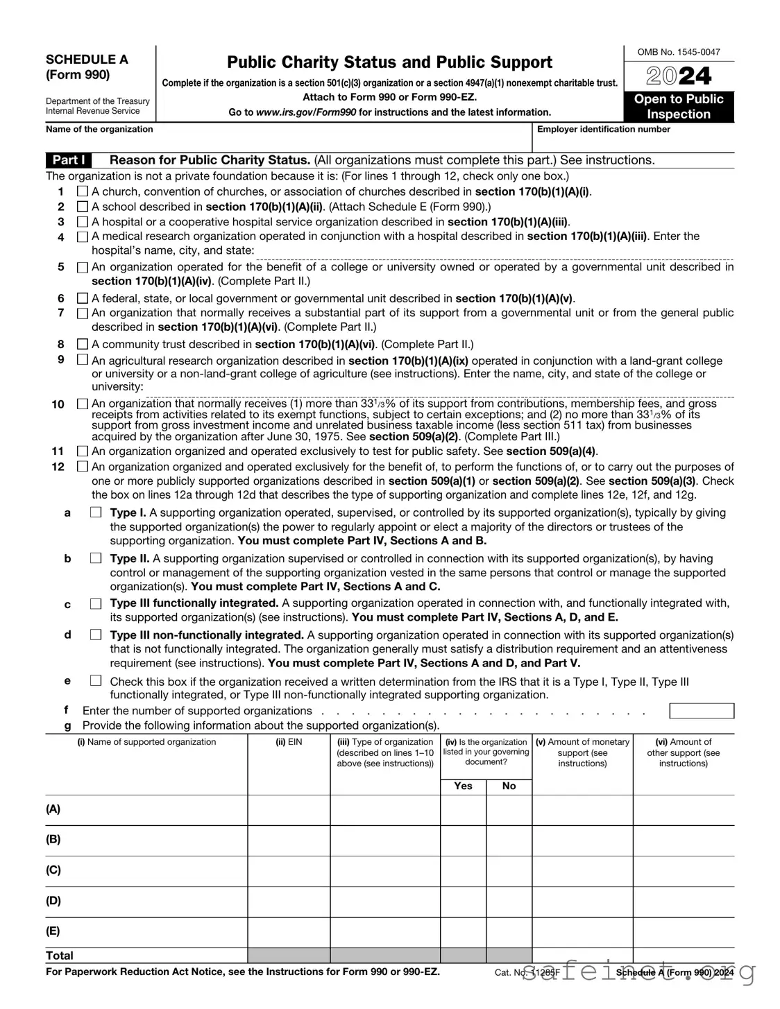 Blank IRS Schedule A 990 or 990-EZ Template