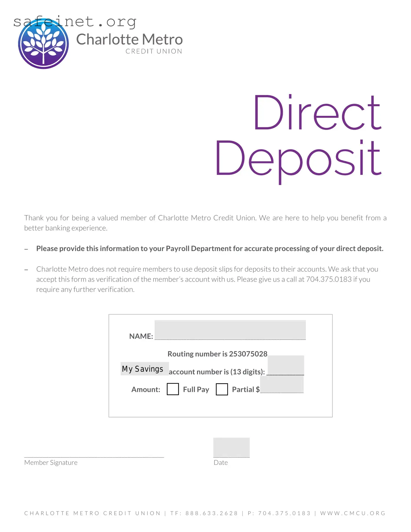 Blank Charlotte Metro Credit Union Direct Deposit Template