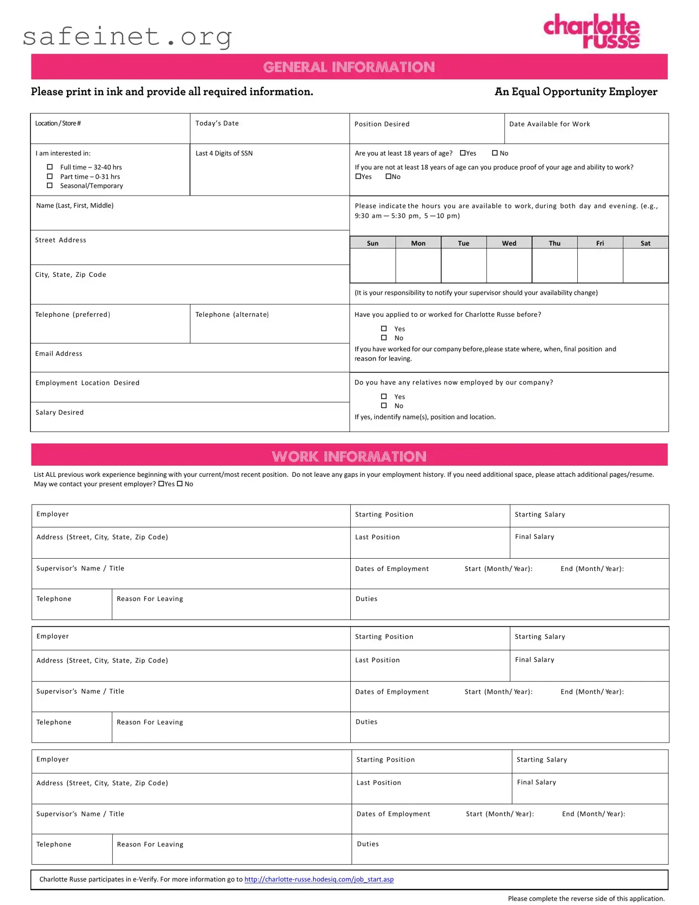 Blank Charlotte Russe Job Application Template