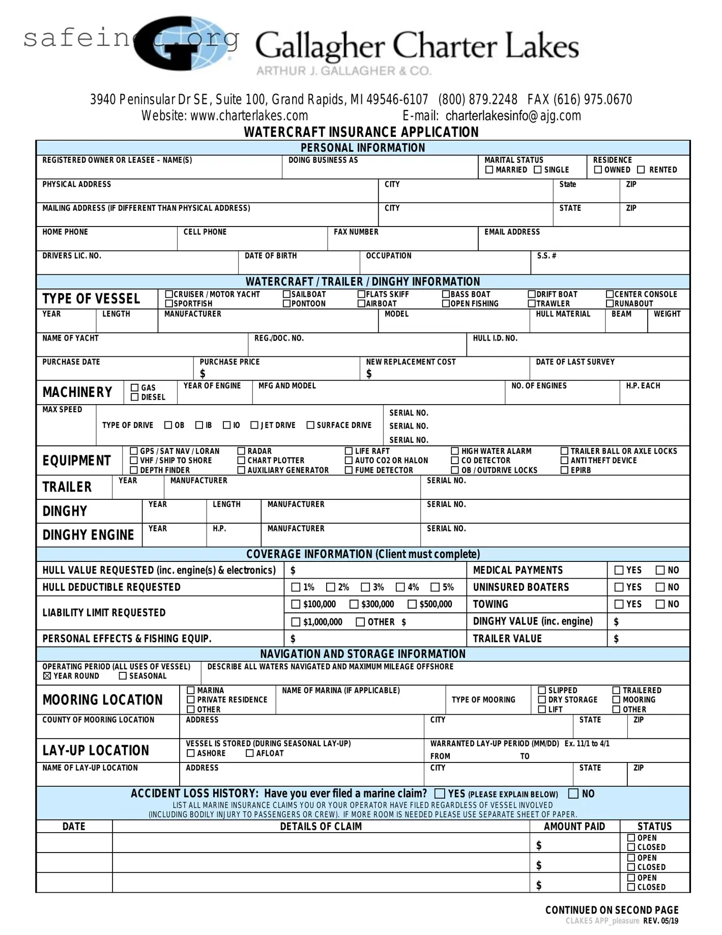 Blank Charter Lakes Insurance Application Template