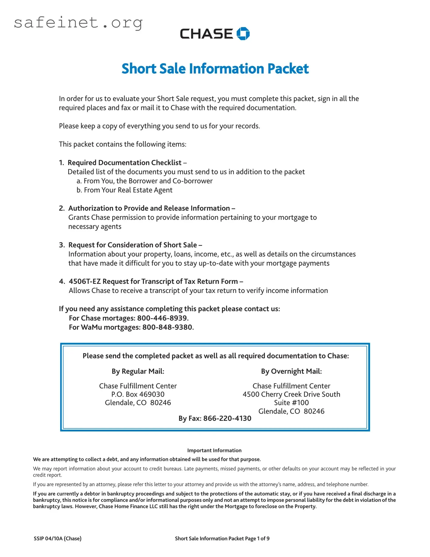 Blank Chase Short Sale Packet Template