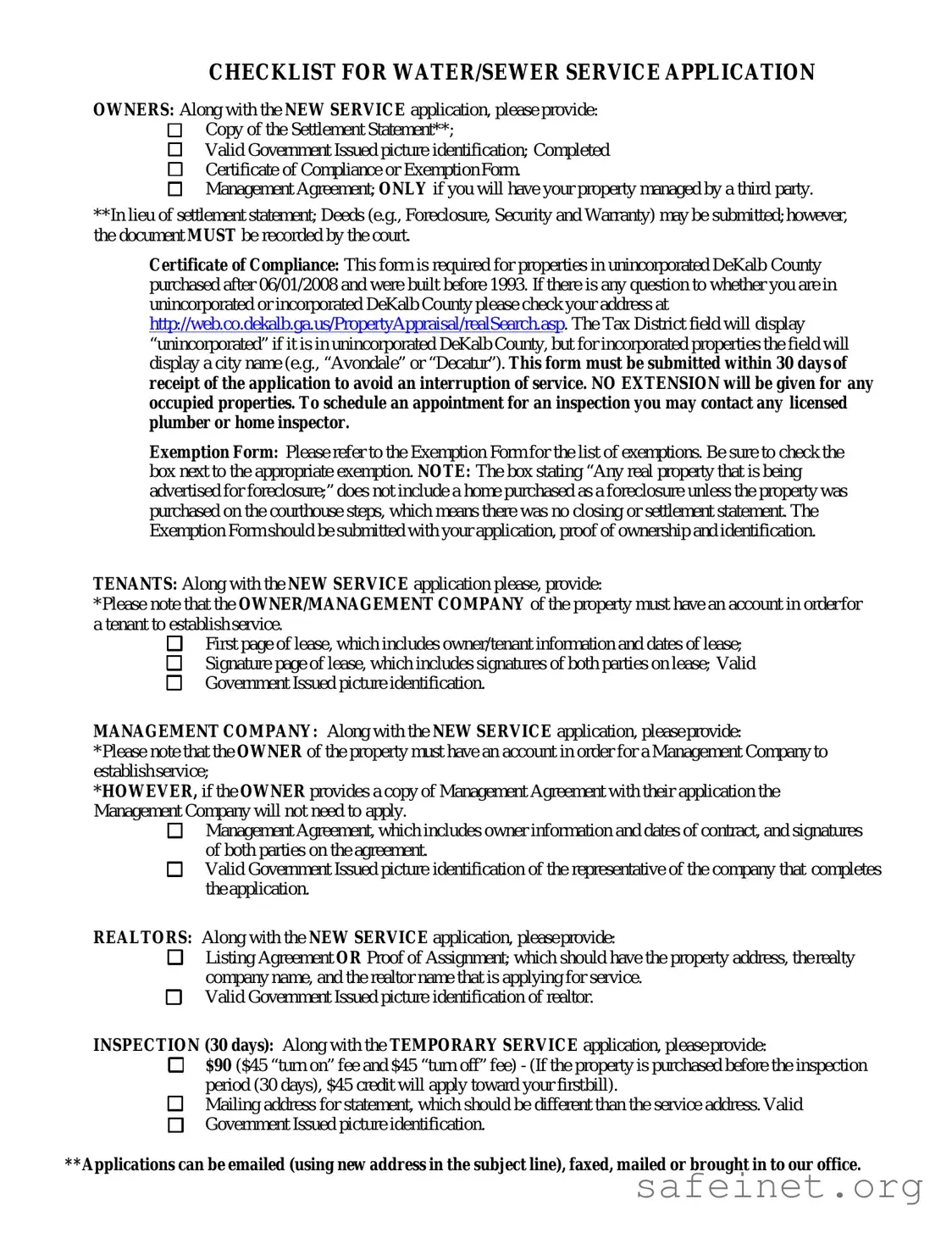 Blank Dekalb County Water Application Template