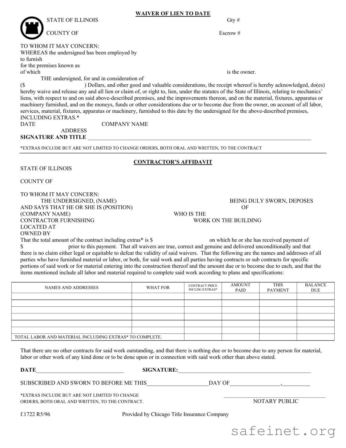 Blank Chicago Title Waiver Format Template