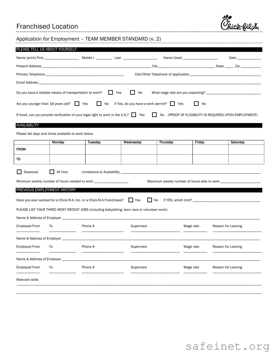 Blank Chick Fil A Job Application Template