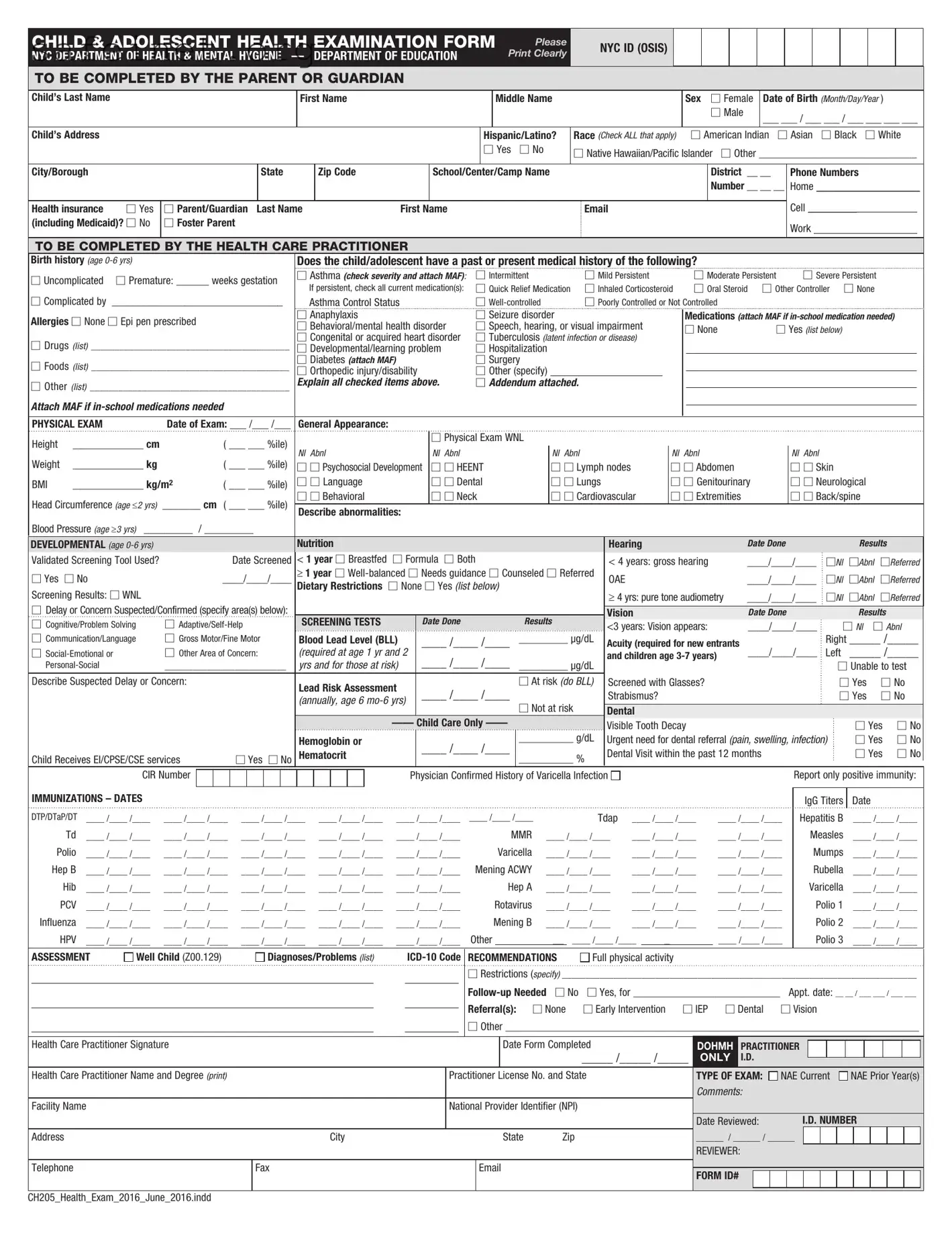 Blank Child Adolescent Health Template