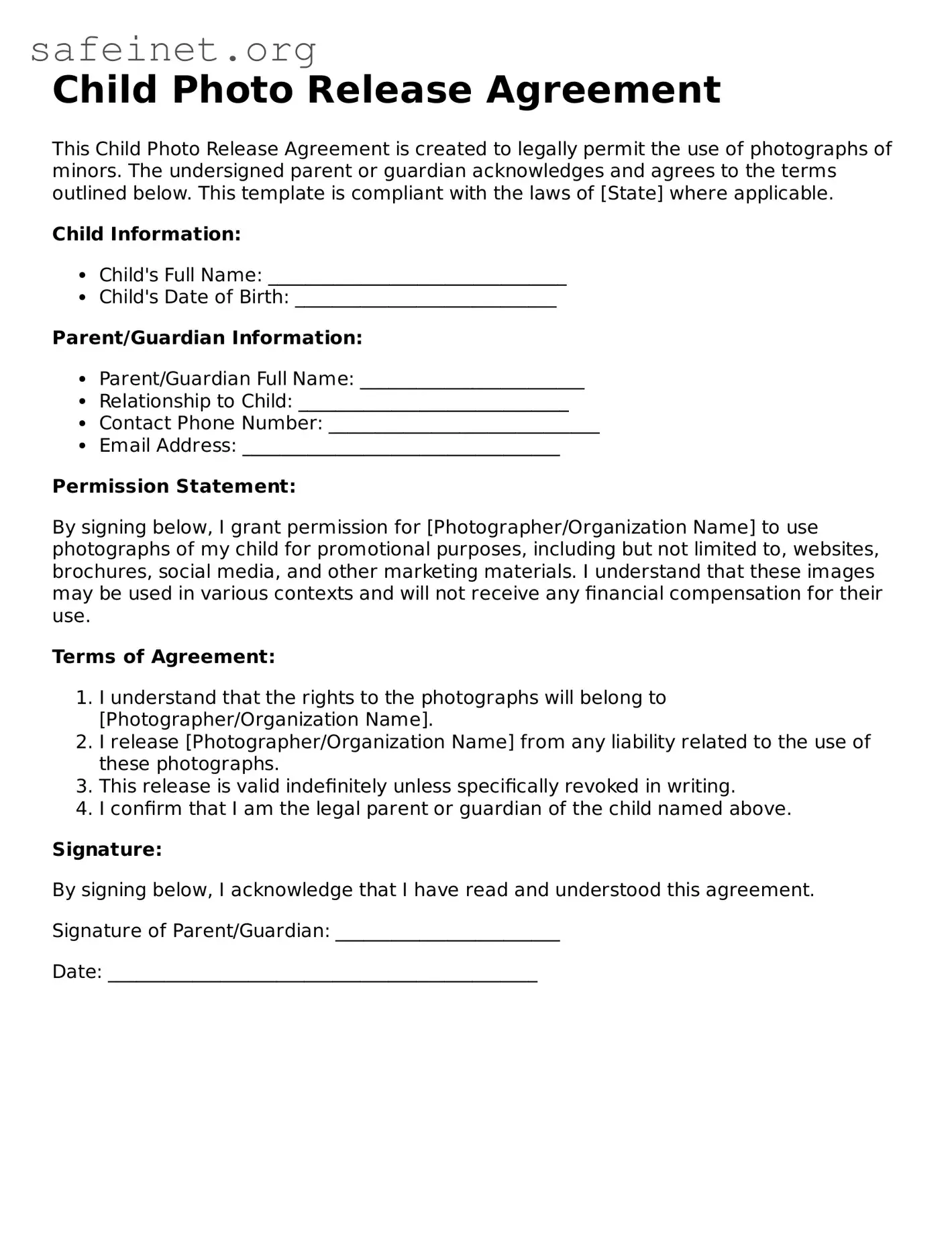 Official Child Photo Release Document