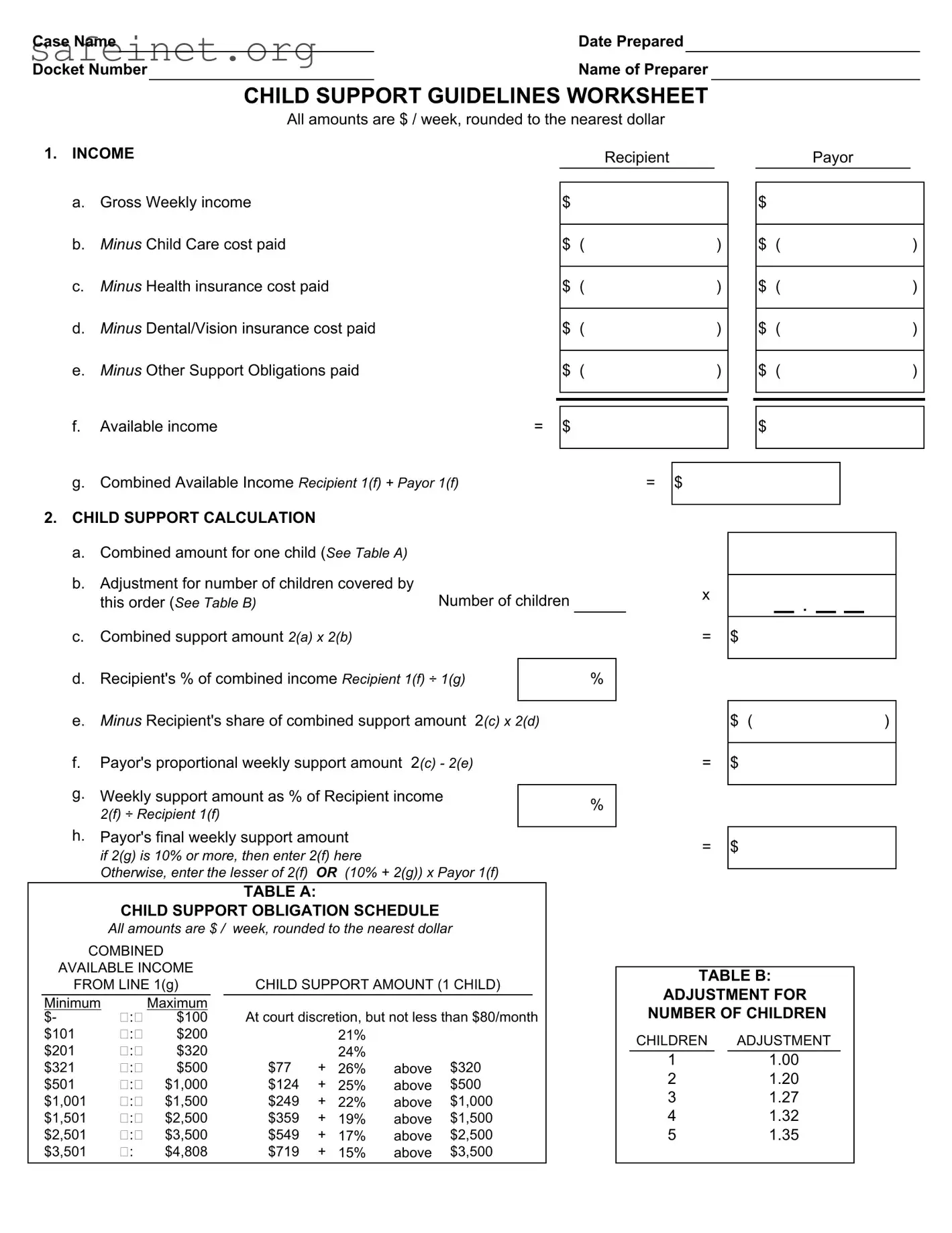 Blank Child Support Worksheet Template