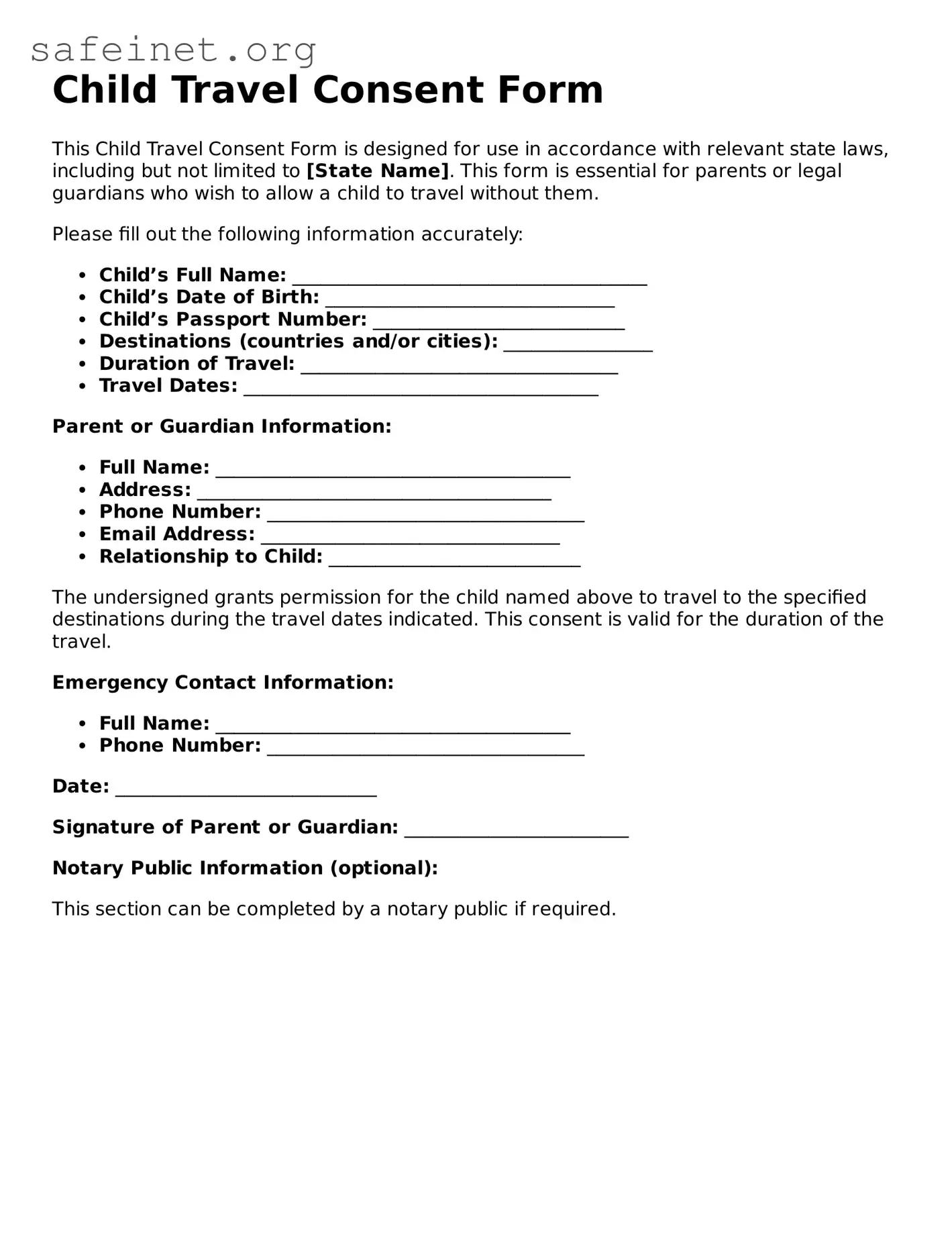 Official Child Travel Consent Form Document