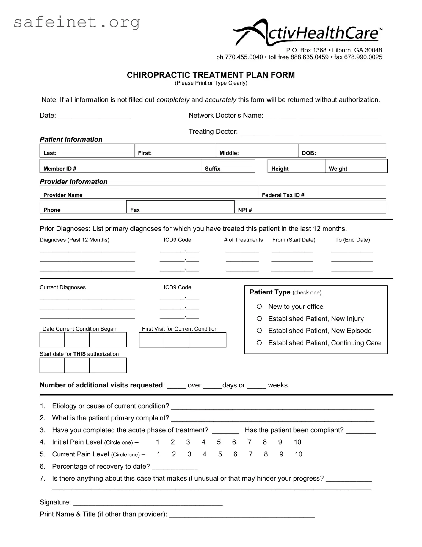 Blank Chiropractic Treatment Plan Template