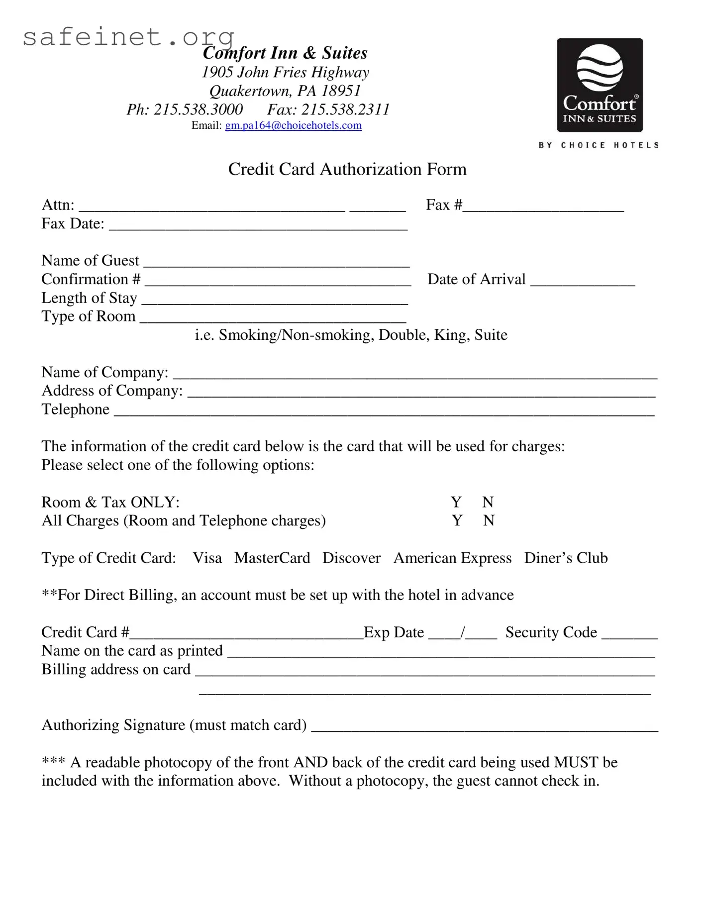 Blank Choice Hotels Credit Card Authorization Template