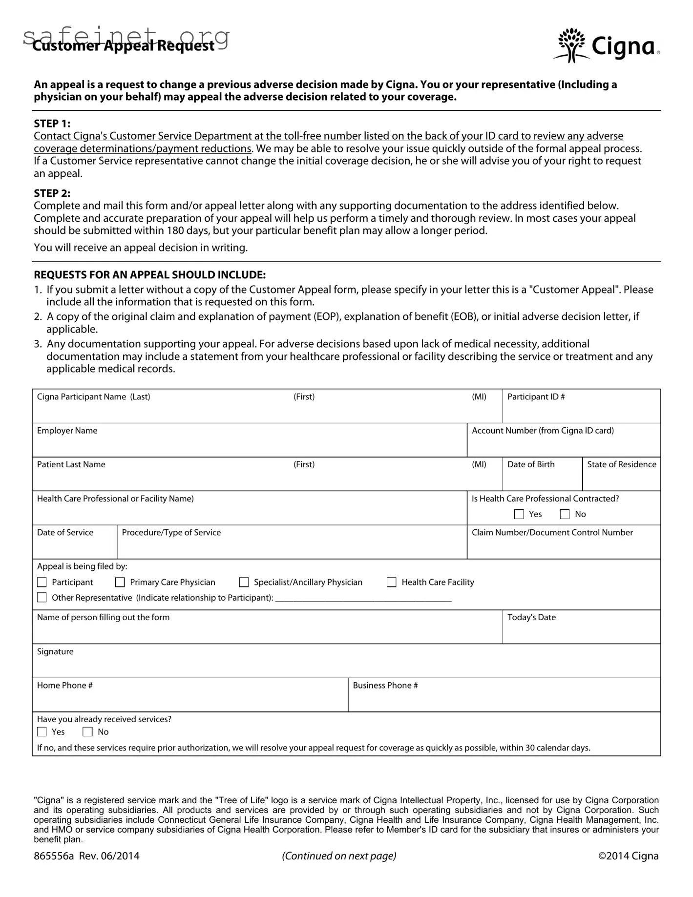 Blank Cigna Appeal Template