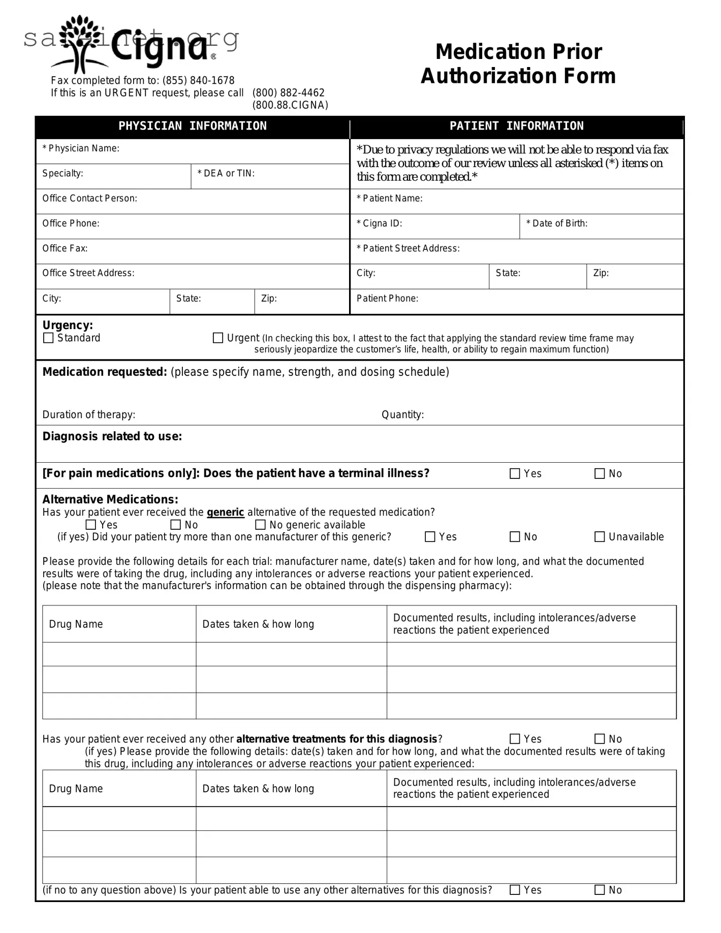 Blank Cigna Prior Auth Template
