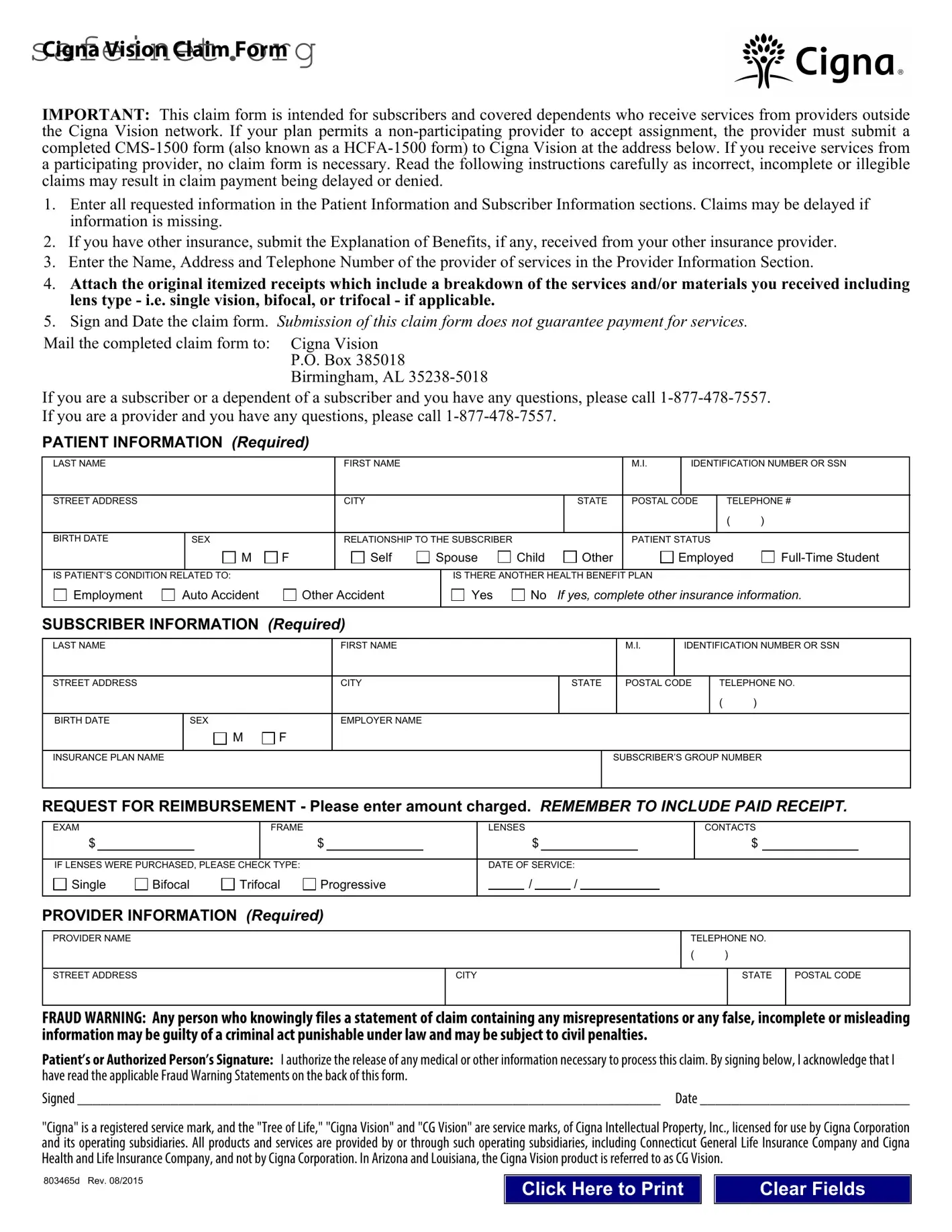 Blank Cigna Vision Claim Template