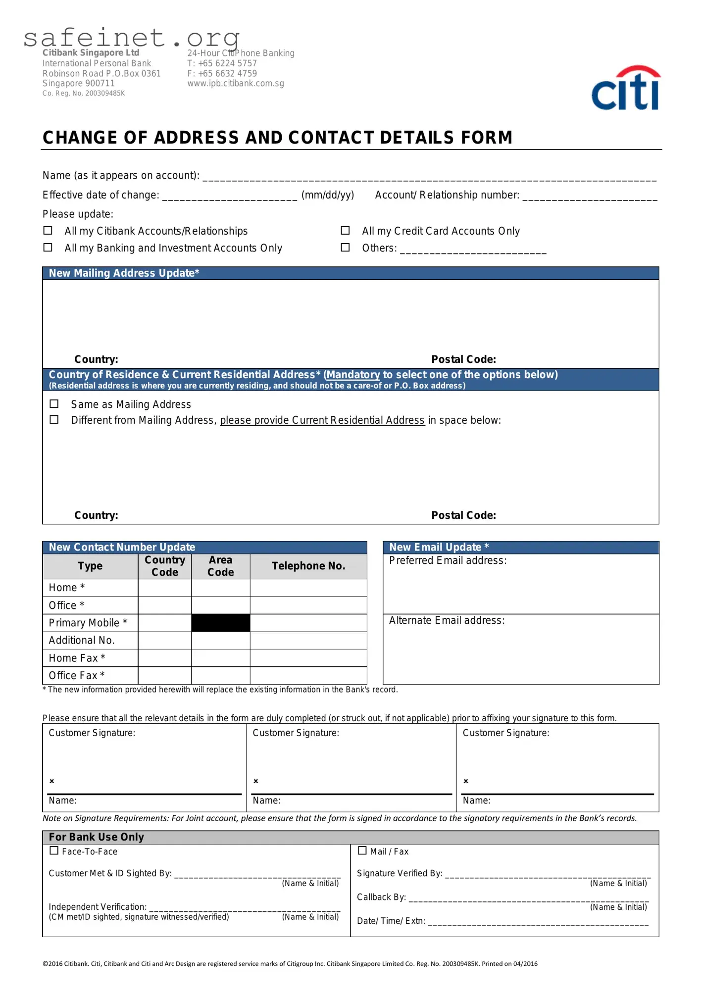 Blank Citibank Credit Card Address Change Template