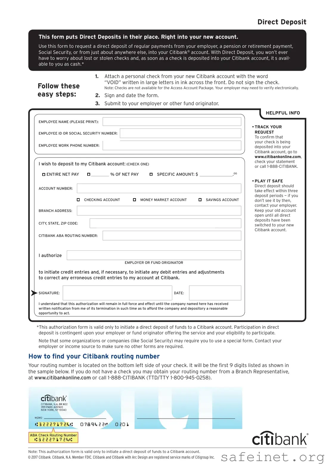 Blank Citibank Direct Deposit Template