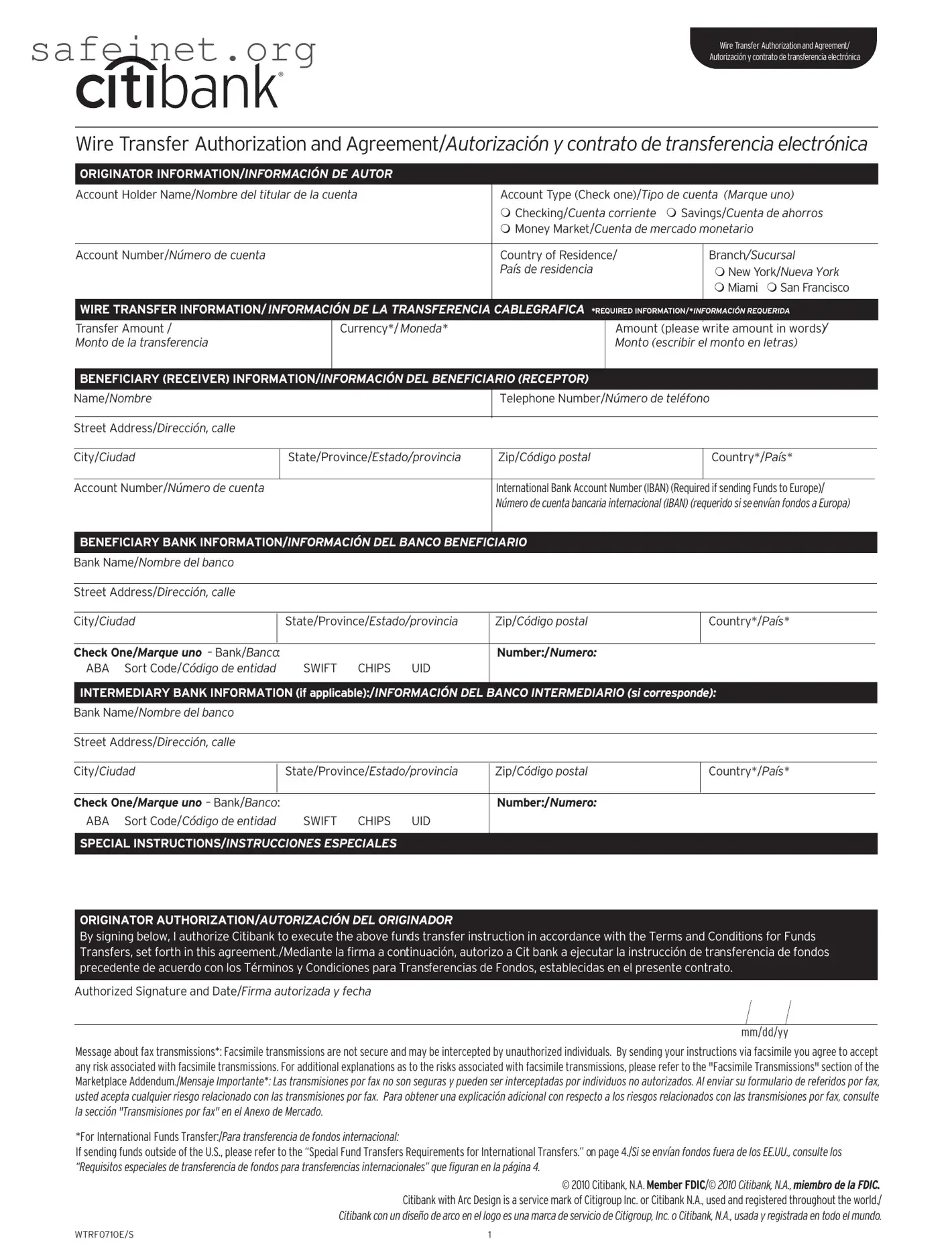 Blank Citibank Wire Template