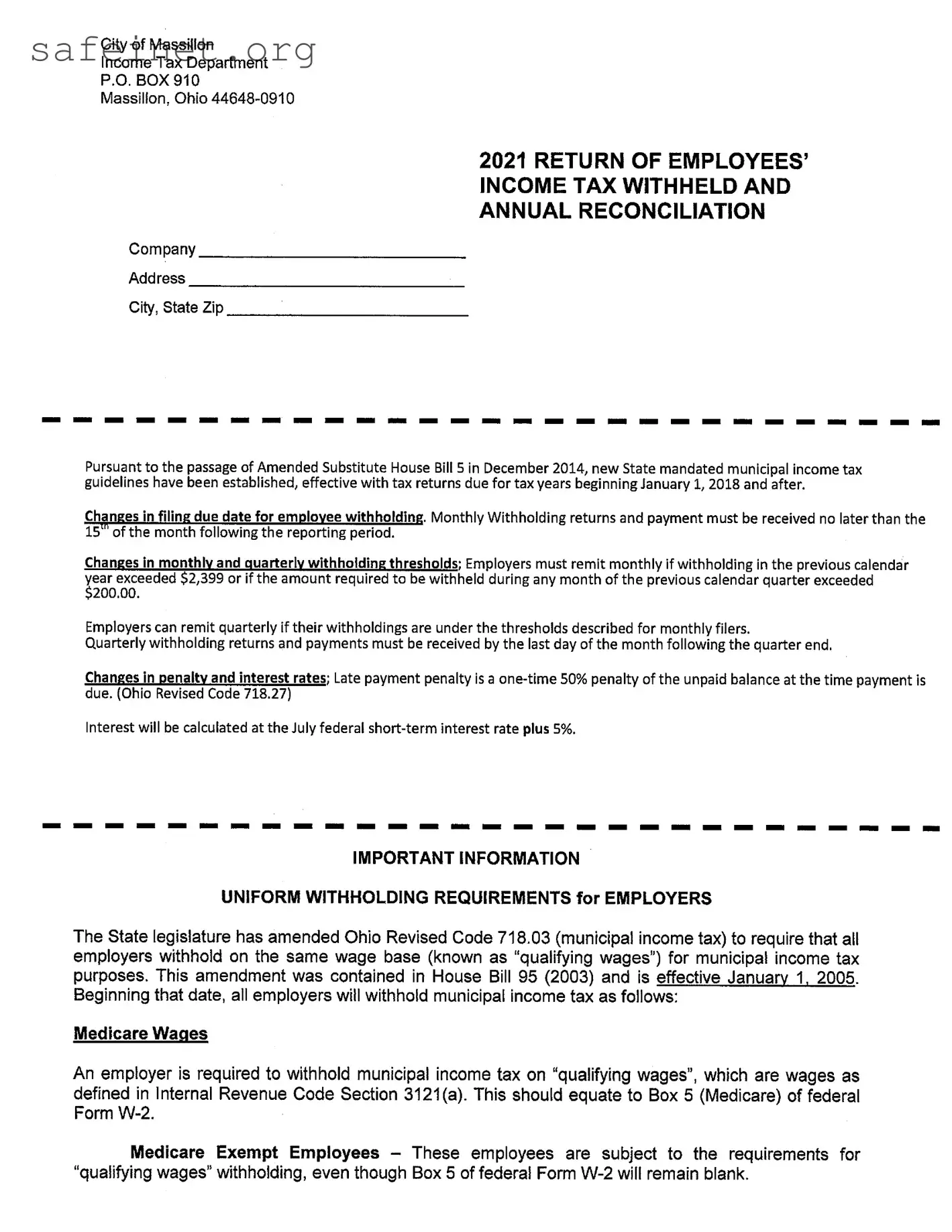 Blank City Of Massillon Income Tax Template