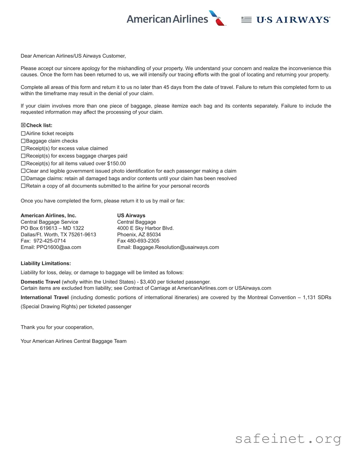 Blank Claim Passenger Property Template